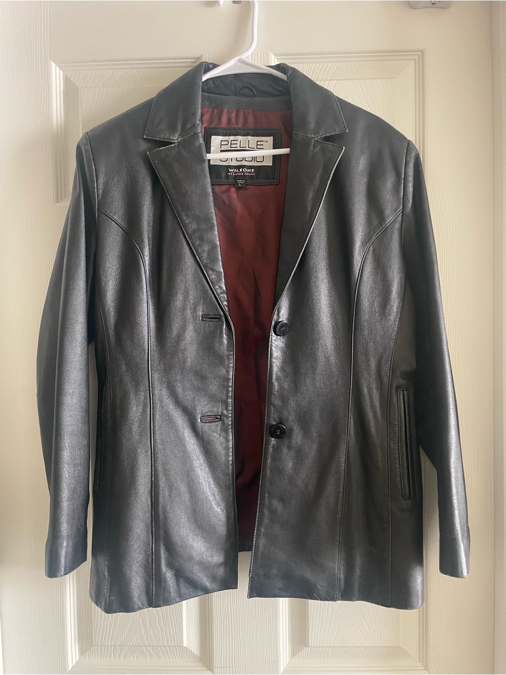 Wilson Men’s Black Leather Trench Coat with Burgundy Lining